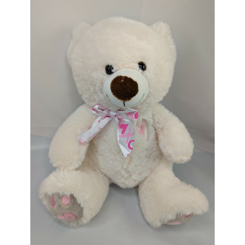 Cream Bear Plush Pink Hearts 12 Inch Mty International Stuffed Animal‎ Toy